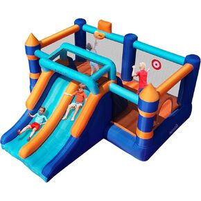 منزل نطاط قابل للنفخ من AirMyFun، منزل نطاط مع شريحة مزدوجة، منزل نطاط للقفز، قلعة نطاطة للأطفال في الأماكن المغلقة والمفتوحة، بيت لعب مع حافة كرة السلة، لعبة رمي