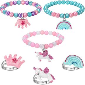 Unicorn Bracelet Ring Set - Rainbow Bracelet Shiny Crown Bracelet for Toddler Girls - Little Girl Jewel Rings Set Girl Pretend Play and Dress Up Rings