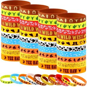 50Pcs Western Party Bracelets Cowboy Cowgirl Silicone Bracelets Western Themed Stretch Wristbands for Western Party Baby Shower Kids Birthday Party Supplies Decorations,10 Different Patterns