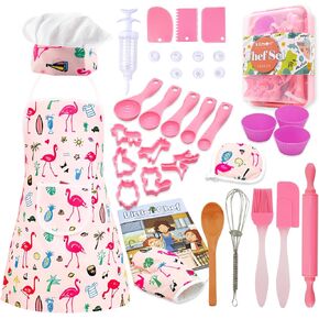 Kids Cooking and Baking Set - 34 Pcs Kids Chef Role Play Costume Set with Apron, Chef Hat, Mitt, Pastry Injector, Cookie Cutters & Utensil for Toddler Little Kids Age 3+ Years Old Girls Toys