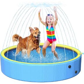 artcool 63" Thicken Dog Pool for Pet and Kids,Non-Slip Kiddie Pool Hard Plastic,2-in-1 Foldable Sprinkler Pool,Extra Large Kids Pool,Portable Swimming Pool for Summer Outdoor Backyard