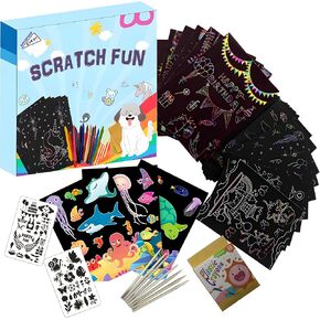 OMTOFUEN 36+9 Scratch Art Paper Kit with Pre-Outlined Template Customizable Paper 4 Follow Boards 8 Scratch Pens 12 Crayons 4 Velvet Clothes for up to 8 Kids Party Gift Birthday Christmas Halloween