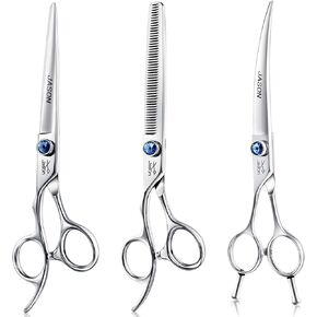 JASON Left Handed 7" Dog Grooming Scissors Set, 3 in 1 Ergonomic Blending, Curved, Straight Cat Pet Hair Trimming Thinning Professional Kits with Offset Handle and a Jeweled Screw