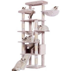 Heybly Cat Tree,68 inch Multi-Level Cat Tower for Indoor Cats,2 Widened Plush Perches Cat Condo with Scracthing Board and Big Caves,Smoky Gray HCT025G