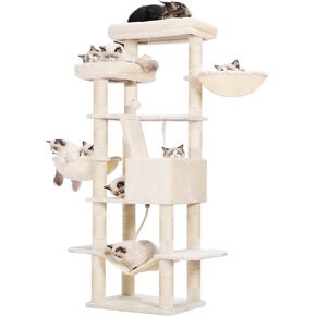 Heybly Cat Tree,68 inch Multi-Level Cat Tower for Indoor Cats,2 Widened Plush Perches Cat Condo with Scracthing Board and Big Caves,Smoky Gray HCT025G in Kuwait