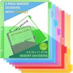 8 Tab Binder Dividers with Pockets, Plastic Dividers for 3 Ring Binders with Pockets, Premium Dividers with Pockets for Document Indexing and Protection, Insertable Big Tabs, Letter Size, Multicolor