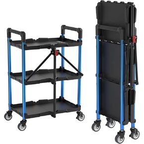 WORKPRO 3-Tier Collapsible Service Cart, 210 LBS Foldable Utility Service Cart with Wheels, Portable Tool Cart for Garage, Warehouse, Home, Restaurant, Office (No Assembly Required)