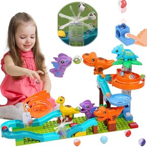Dinosaur Marble Run Building Blocks: STEM Marble Maze Game Marble Run for Kids Ages 3-5 4-8 Ultimate Dinosaur Toy Set with Track Launcher Gravity Hammer,Compatible with Major Brands