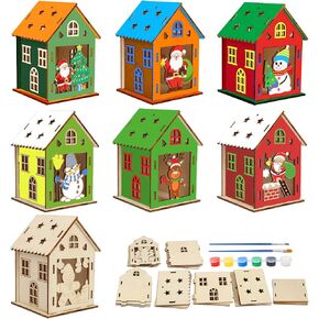 Fennoral 7 Pack Wooden Christmas House Craft Kit for Kids Make You Own 3D Christmas House Kit DIY Paint Christmas DIY Art Craft for Christmas Art Projiect Christmas Party Decoration