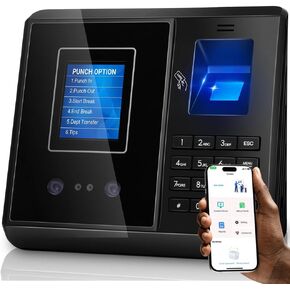 Time Clock, Free Software, App-Based Attendance Machine for Employees Small Business, Face & Fingerprint Time Clocks with 10 IC Card, iOS/Android App (No Monthly Fee)