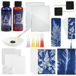 Cyanotype Kit Include 2 Component Sensitizer Set, 40 Sheets A5 Paper Brush Tools and Instructions Sun Print Nature Printing Kit for Photographic Blueprints DIY Arts Crafts Projects