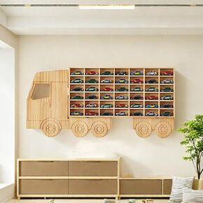 Wood Toy Car Display Rack, Holds 42 Diecast Cars Model Car Display Case 1/64 Scale Toy Cars Organizer Freestanding or Wall-Mounted Toy Car Storage Cabinet (Car head+42 compartments without cover)