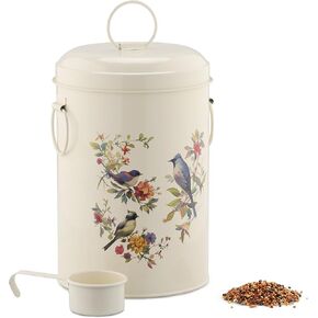 Navaris Bird Seed Storage Container - Metal Pet Food Box with Lid & Handles - Includes Handy Scoop - Outdoor Containers for Birdseed, Chicken Feed, & More - Cream with Bird Design