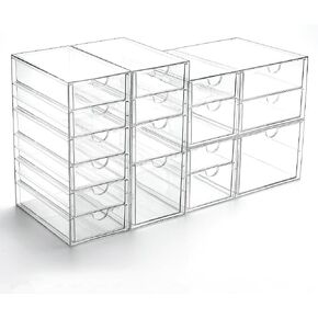 Prsildan Acrylic Drawer Organizer with 17 Drawers, Craft Office Desk Makeup Organizers Accessories, Set of 4 Clear Stackable Storage Drawers for Vanity, Countertop, Jewelry, Art Supply Organization