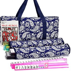 Mose Cafolo American Mahjong Game Set, Blue Paisley Carrying Bag,166 Premium White Tiles,4 All-in-One Color Rack/Pushers,100 Chips,1 Wind Indicator, Complete Mah Jong Tiles Set, Mah Jongg Set