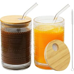 15OZ Glass Cups with Lid and Straw, Vintage Embossed Glassware for Whiskey Cocktail Beer, Iced Coffee Cups with Lid, Glass Tumbler with Straw and Lid (4 PACK)