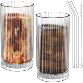 15 Oz Glass Cups with Lid and Straw, Iced Coffee Cups with Lid, Vintage Ribbed Glassware for Whiskey Cocktail Beer (2 PACK)