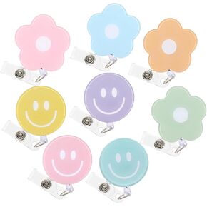 Whaline 8Pcs Macaron Flower Smile Face Badge Reel with Clip Retractable Cord Pastel Floral ID Badge Reel Hippie Name Tag Badge Holder for Office Nurse Teacher Favor
