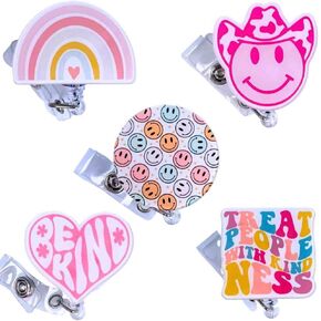 5 PC Cute Nurse Badge Reel Retractable Name Tag ID Clip Holder Retro Pink Cowboy Smiley Face Be Kind Heart Rainbow for Nurses Nursing Student RN Pediatric Teacher Funny Office Work Accessories