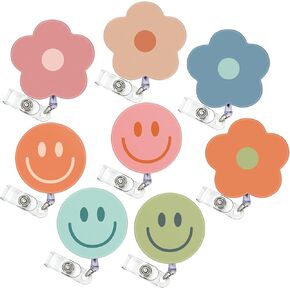Whaline 8Pcs Macaron Flower Smile Face Badge Reel with Clip Retractable Cord Pastel Floral ID Badge Reel Hippie Name Tag Badge Holder for Office Nurse Teacher Favor