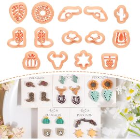 Puocaon Cowboy Polymer Clay Cutters - 14 Pcs Stud Earrings Clay Cutters Cowgirl Boots Hat Shape, Monstera Leaf Cactus Pot Polymer Clay Cutters for Jewelry Making