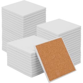 kukmakri 48 PCS Square Blank Ceramic Coasters - 4 x 4 Inch Unglazed Ceramic Coasters with Cork Backing Pads, Artistic Tile Coasters for DIY, Mosaics, & Crafts