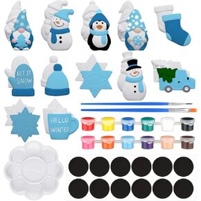 Sinmoe 12 Sets Winter Painting Kit for Kids Unpainted DIY Ceramic Figurines Paint Your Own Figurines Snowflake Snowman Hat Car Gloves Refrigerator Magnets Ceramic Painting Kit for Toddler