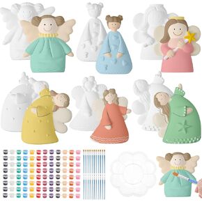 Realspring 12 Set Angel DIY Painting Kit Ceramic to Paint Your Own Angel Statues Operation Christmas Unpainted Plaster Figurines Brushes Acrylic Paints Crafts Kits Party Favor for Kids Girls Boys