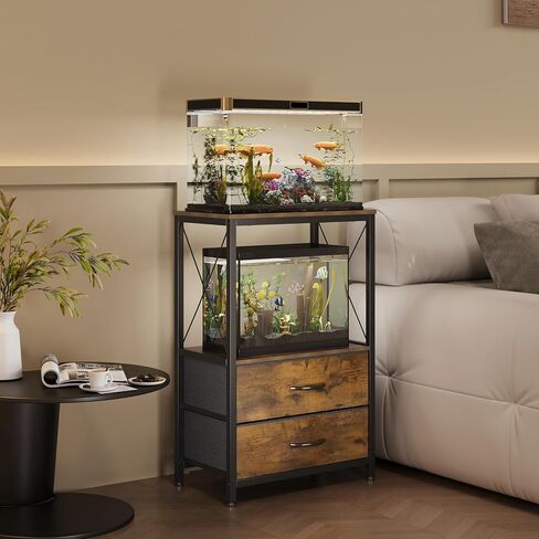 10 Gallon Aquarium Stand with 2-Tier Shelf Fish Tanks Stand with 2 Drawers Metal Frame Heavy Duty Reptile TurtleTank Stand with Storage for Home Offic Fish Tank Accessories Storage, Brown in Saudi Arabia