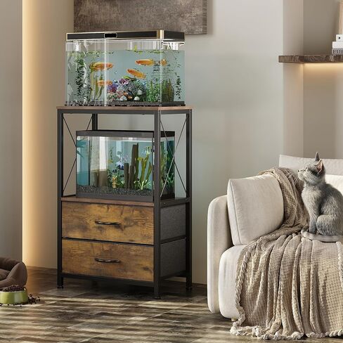 10 Gallon Aquarium Stand with 2-Tier Shelf Fish Tanks Stand with 2 Drawers Metal Frame Heavy Duty Reptile TurtleTank Stand with Storage for Home Offic Fish Tank Accessories Storage, Brown in Saudi Arabia