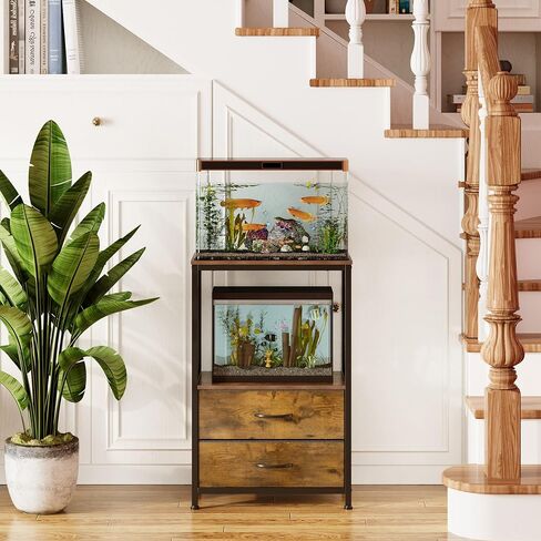 10 Gallon Aquarium Stand with 2-Tier Shelf Fish Tanks Stand with 2 Drawers Metal Frame Heavy Duty Reptile TurtleTank Stand with Storage for Home Offic Fish Tank Accessories Storage, Brown in Saudi Arabia