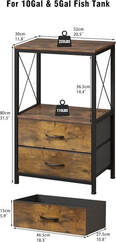 10 Gallon Aquarium Stand with 2-Tier Shelf Fish Tanks Stand with 2 Drawers Metal Frame Heavy Duty Reptile TurtleTank Stand with Storage for Home Offic Fish Tank Accessories Storage, Brown in Saudi Arabia