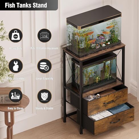 10 Gallon Aquarium Stand with 2-Tier Shelf Fish Tanks Stand with 2 Drawers Metal Frame Heavy Duty Reptile TurtleTank Stand with Storage for Home Offic Fish Tank Accessories Storage, Brown in Saudi Arabia