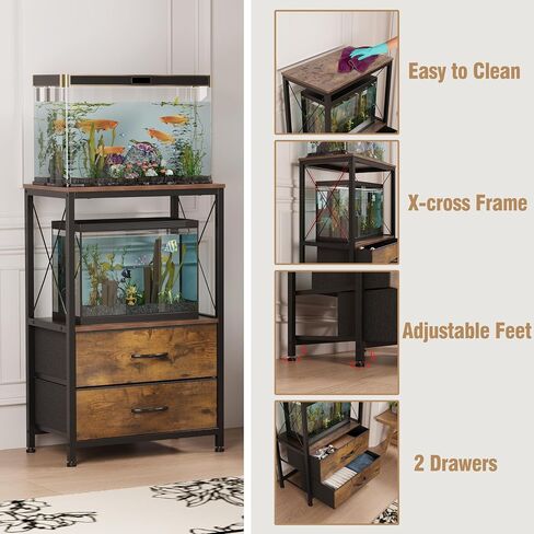 10 Gallon Aquarium Stand with 2-Tier Shelf Fish Tanks Stand with 2 Drawers Metal Frame Heavy Duty Reptile TurtleTank Stand with Storage for Home Offic Fish Tank Accessories Storage, Brown in Saudi Arabia