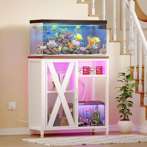YITAHOME Fish Tank Stand with Power Outlets & LED Light, 20-29 Gallon Metal Aquarium Stand with Cabinet for Fish Tank Accessories Storage for Turtle Tank, Reptile Terrarium, 350LBS Capacity, White in Saudi Arabia