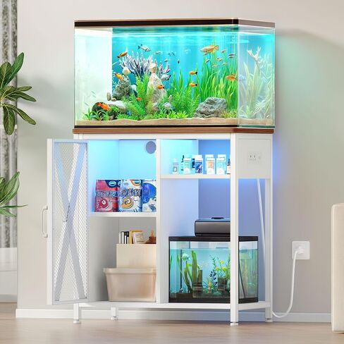 YITAHOME Fish Tank Stand with Power Outlets & LED Light, 20-29 Gallon Metal Aquarium Stand with Cabinet for Fish Tank Accessories Storage for Turtle Tank, Reptile Terrarium, 350LBS Capacity, White in Saudi Arabia