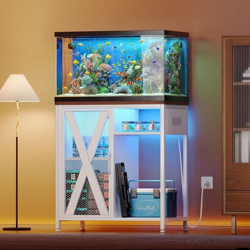 YITAHOME Fish Tank Stand with Power Outlets & LED Light, 20-29 Gallon Metal Aquarium Stand with Cabinet for Fish Tank Accessories Storage for Turtle Tank, Reptile Terrarium, 350LBS Capacity, White in Saudi Arabia