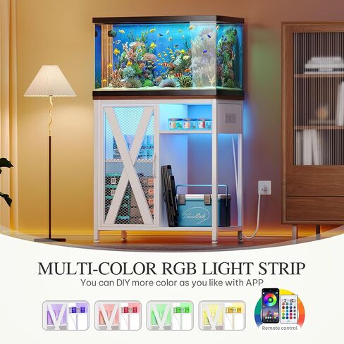 YITAHOME Fish Tank Stand with Power Outlets & LED Light, 20-29 Gallon Metal Aquarium Stand with Cabinet for Fish Tank Accessories Storage for Turtle Tank, Reptile Terrarium, 350LBS Capacity, White in Saudi Arabia