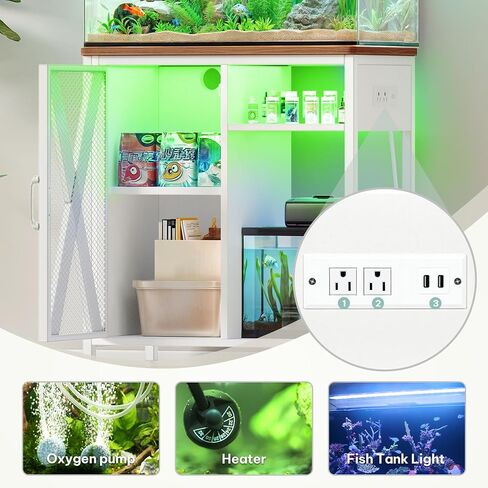 YITAHOME Fish Tank Stand with Power Outlets & LED Light, 20-29 Gallon Metal Aquarium Stand with Cabinet for Fish Tank Accessories Storage for Turtle Tank, Reptile Terrarium, 350LBS Capacity, White in Saudi Arabia