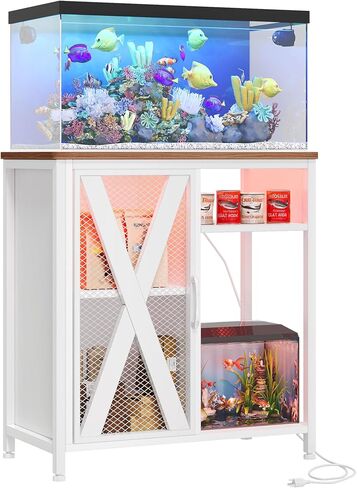 YITAHOME Fish Tank Stand with Power Outlets & LED Light, 20-29 Gallon Metal Aquarium Stand with Cabinet for Fish Tank Accessories Storage for Turtle Tank, Reptile Terrarium, 350LBS Capacity, White in Saudi Arabia