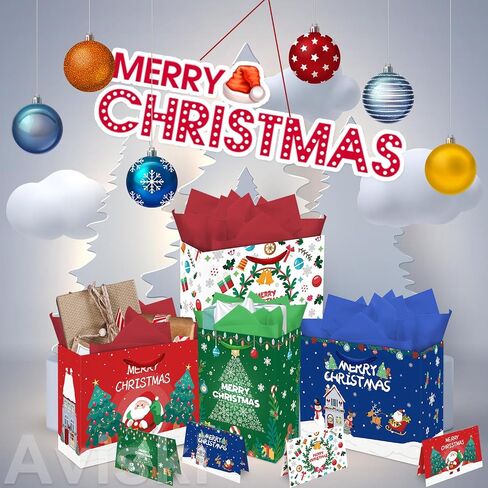 Aviski 2 PACK Christmas Gift Bags, 13 x 10.2 x 4.9 in, with Greeting Cards and Tissue Paper, Winter Holiday Paper Bags for Xmas Party Favor, Gift Wrapping in Saudi Arabia