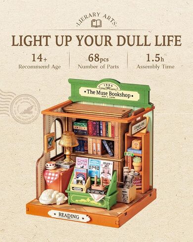Rolife DIY Mini Building House Miniature Kit-The Muse Bookshop, Miniature Lifestyle Mini Bookshelf Decoration, DIY Hobbies/Gifts for Craftsman (The Muse Bookshop) in Saudi Arabia
