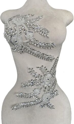 Two Colors Handmade Beaded Crystal Patches Bodice Lace DIY Applique Patches Accessory for Dress Clothes 1 Pair 8X12inches (Silver) in Saudi Arabia