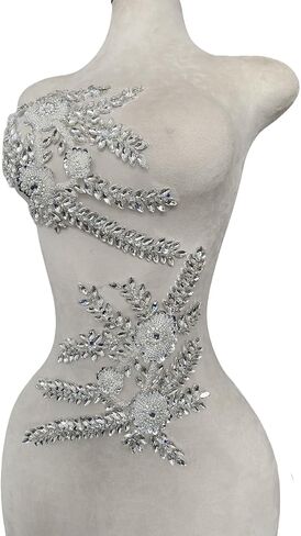 Two Colors Handmade Beaded Crystal Patches Bodice Lace DIY Applique Patches Accessory for Dress Clothes 1 Pair 8X12inches (Silver) in Saudi Arabia