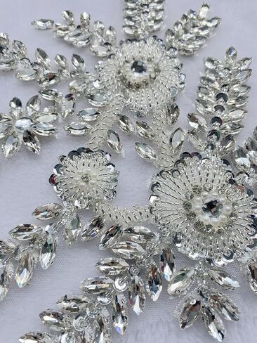 Two Colors Handmade Beaded Crystal Patches Bodice Lace DIY Applique Patches Accessory for Dress Clothes 1 Pair 8X12inches (Silver) in Saudi Arabia