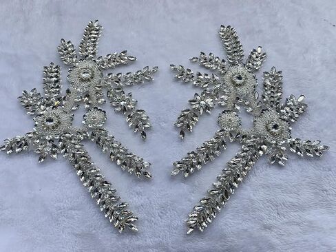 Two Colors Handmade Beaded Crystal Patches Bodice Lace DIY Applique Patches Accessory for Dress Clothes 1 Pair 8X12inches (Silver) in Saudi Arabia