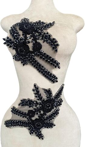 Two Colors Handmade Beaded Crystal Patches Bodice Lace DIY Applique Patches Accessory for Dress Clothes 1 Pair 8X12inches (Silver) in Saudi Arabia