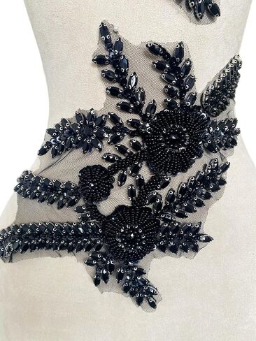 Two Colors Handmade Beaded Crystal Patches Bodice Lace DIY Applique Patches Accessory for Dress Clothes 1 Pair 8X12inches (Silver) in Saudi Arabia