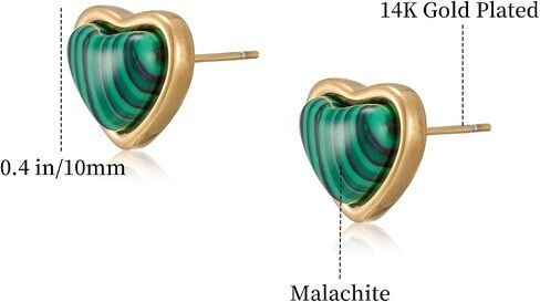 Heart Stud Earrings for Women 10mm 14K Gold Plated Handmade Heart Crystal Earrings Gemstone Earrings Birthstone Jewelry Gifts for Mother Daughter Wife Mom Girlfriend Her (malachite) in Saudi Arabia