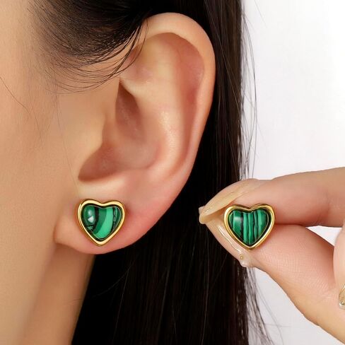 Heart Stud Earrings for Women 10mm 14K Gold Plated Handmade Heart Crystal Earrings Gemstone Earrings Birthstone Jewelry Gifts for Mother Daughter Wife Mom Girlfriend Her (malachite) in Saudi Arabia